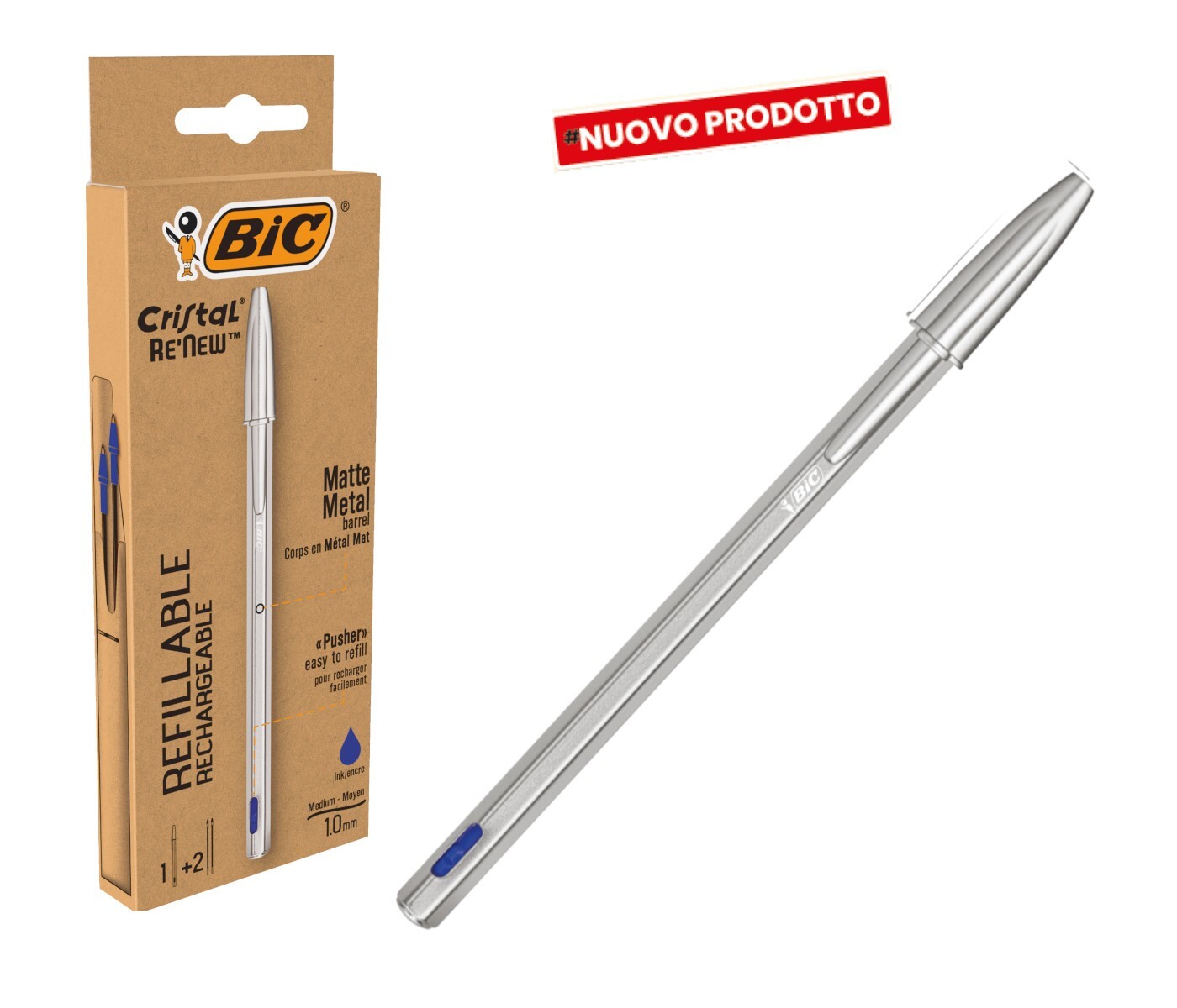 PENNA BIC CRISTAL RE'NEW IN METALLO BLU + 2 REFIL