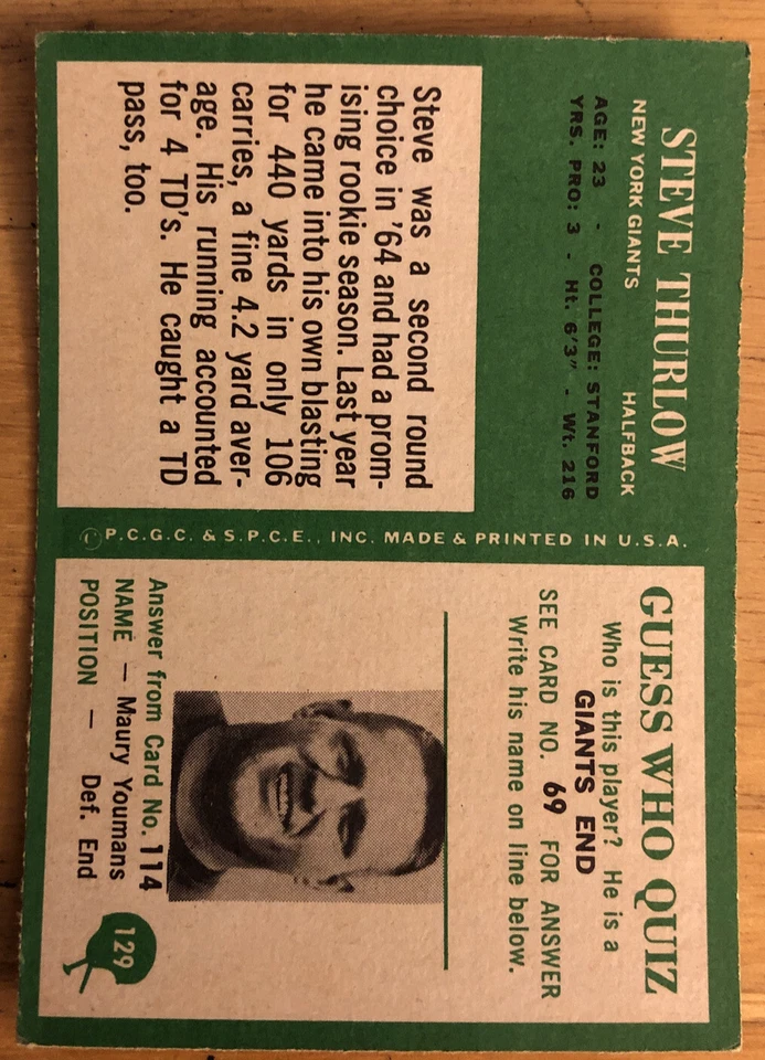 1966 Philadelphia Steve Thurlow Football Card #129 New York Giants Low-Grade - Image 2 of 2