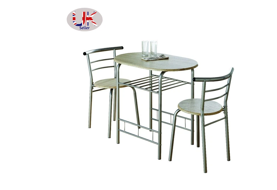 Modern Oak Dining Table and 2 Chairs Set Metal Frame Kitchen - 0076