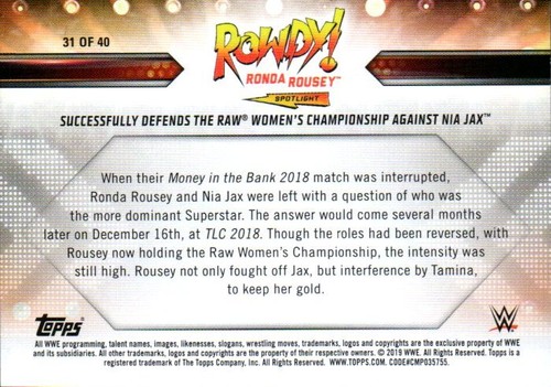 2019 Topps WWE Wrestling Card Rowdy Ronda Rousey Spotlight #31 Nia Jax - Bild 2 von 2