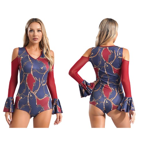 Womens Unitards Cold Shoulder Bodysuit Jazz Leotard Mesh Dancewear Waltz Tango - Picture 81 of 87