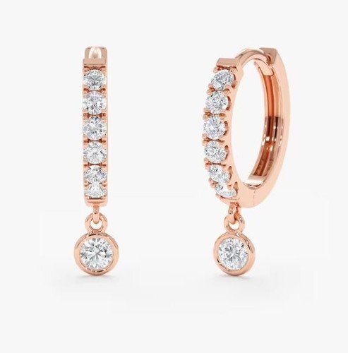 925 sterling silver, Hoop Earrings , Huggies, Dangling CZ Bezel Hoop - Picture 3 of 4