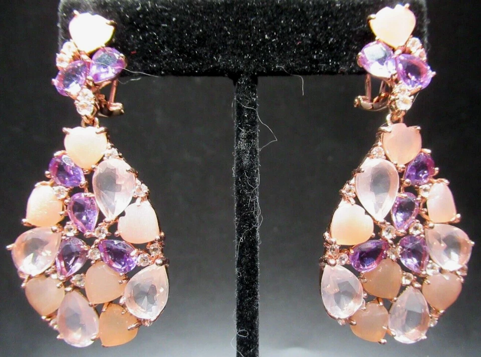 Pendientes AG 925 Placa Oro Rosa Genuino Cuarzo Rosa y Amatista Palanca Trasera Foto 3 de 4