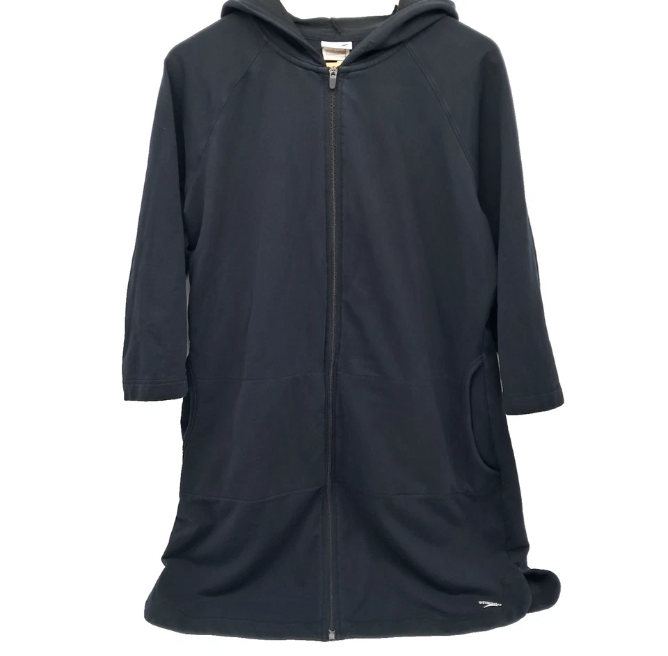 Speedo Damen XL Kapuze Wasser Fitness Morgenmantel Überwurf schwarz Taschen French Terry
