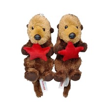 Aurora Sea Otter Plush Lot of 2 Brown Stuffed Animal with Red Star 8 Inch
