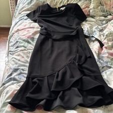 Calvin Klein Black Fit & Flare Knee Length Short Sleeve Belted Ruffle Dress