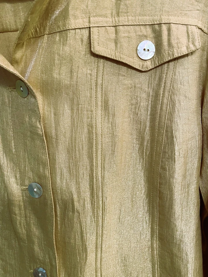 Ruby Rd Women's Gold Metallic Cropped Jacket Shirt Size 14 Holiday Party Sparkle - Image 3 of 4