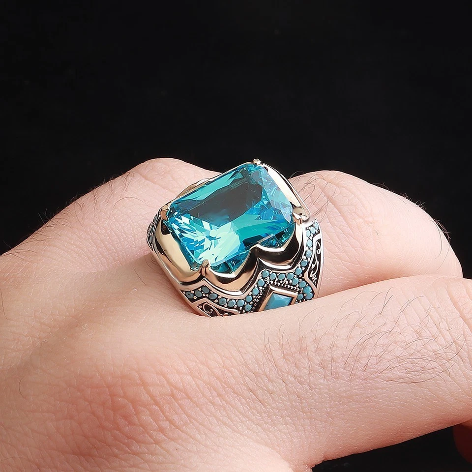 Anillo para hombre Aqua Stone circonio azul micro lados, joyería de plata de ley 925 04 Foto 2 de 4