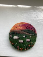 NEEDLE FELT BROOCH SHEEP FAMILY UNDER AUTUMN SKY