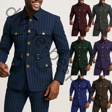 Vintage Striped Men's Safari Jackets Belted Wedding Casual Outdoor Hunting Coat