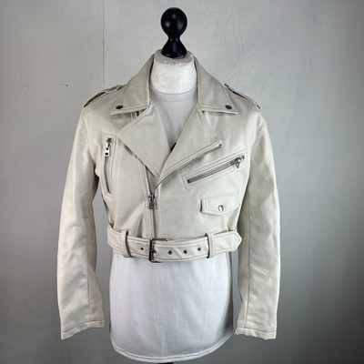 Topshop kurz geschnittene Kunstleder-Bikerjacke mit Reißverschluss elfenbeinweiß UK Damengröße 10
