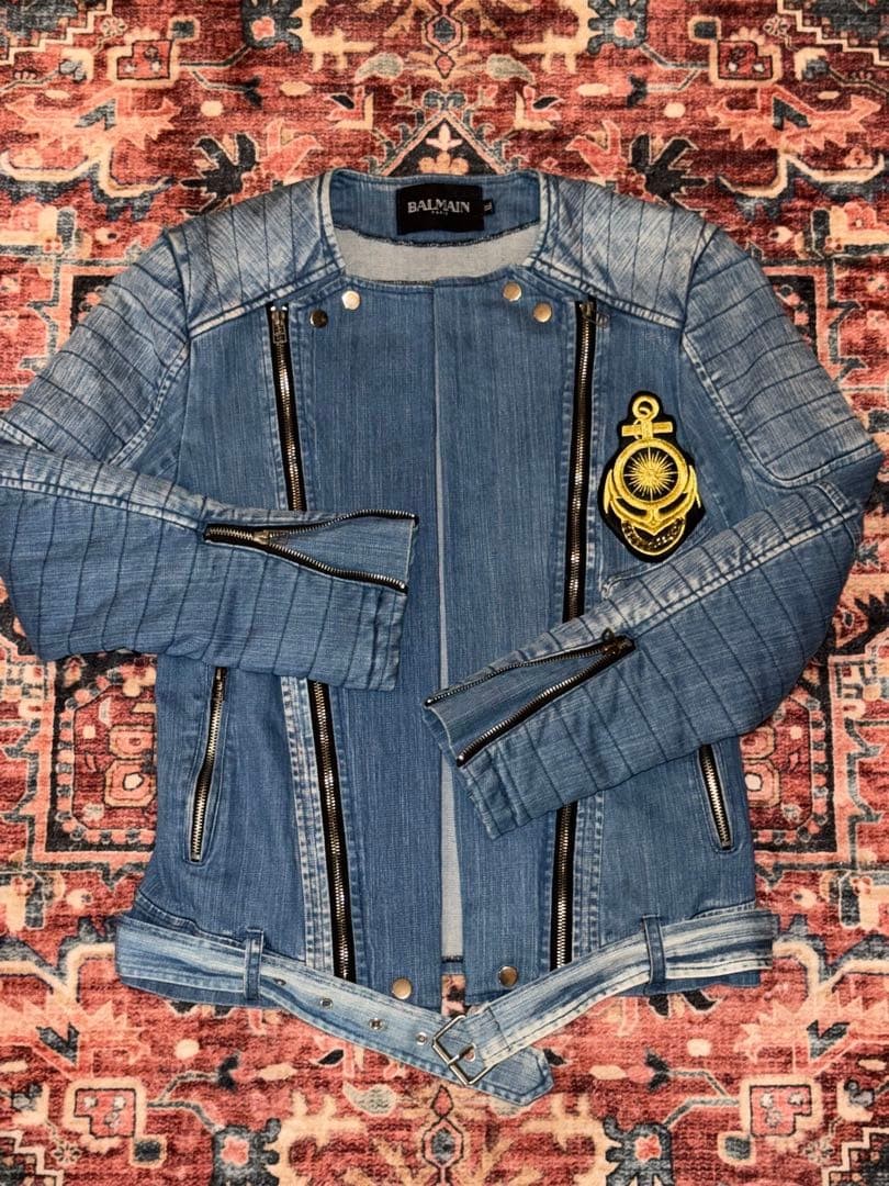 BALMAIN Denim Riders Jacket XL Blue Gold Embroidered Zip Detail