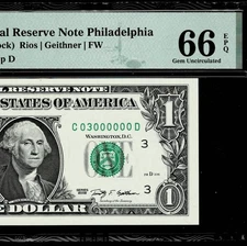 Fancy Serial Number 03000000 $1 Dollar Bill 2009 FRN PMG GEM UNC 66 EPQ