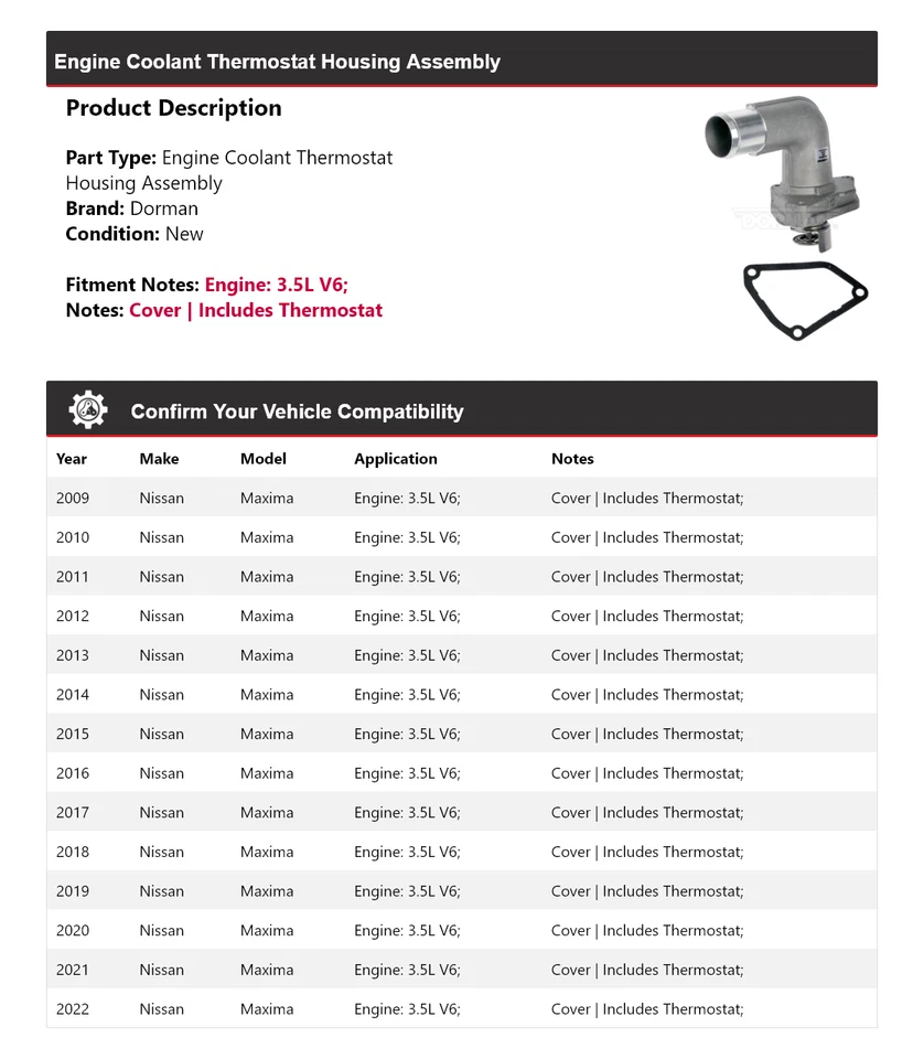 Conjunto de carcasa termostato Dorman V6 3,5 L para Nissan Máxima 2009-2022 2010 Foto 2 de 4