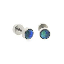Opal- blue, stainles steel flesh tunnel earrings. 1.2mm stem