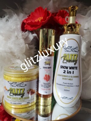 3pcs. Glitzluxury Snow White Body lotion, molato soap & Talking oil. Day & night