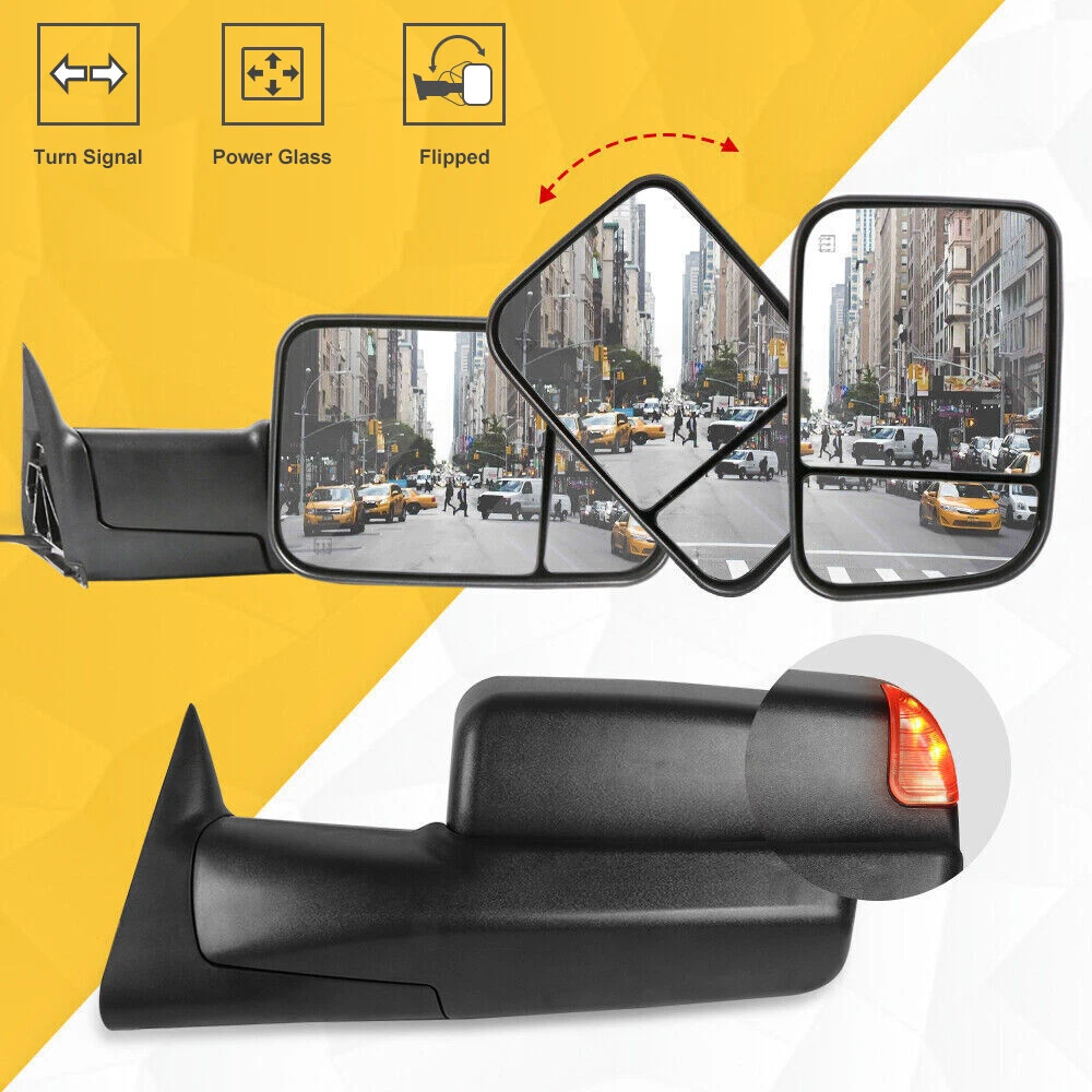 Black Flip Up Power Glass Tow Mirrors For 1994-1997 Dodge Ram 1500 2500 3500 New