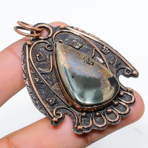 Pyrite Agate Gemstone Handmade Ethnic Copper Jewelry Pendant 2.44" - Picture 1 of 9