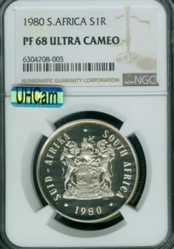 1980 SOUTH AFRICA SILVER 1 RAND NGC PF68 MAC UHCam 2ND FINEST GRADE MAC SPOTLESS