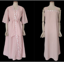 Vintage Pink Long Nightgown Bathrobe 2 Pcs Set, Sleeveless Long Babydoll 70s 80s