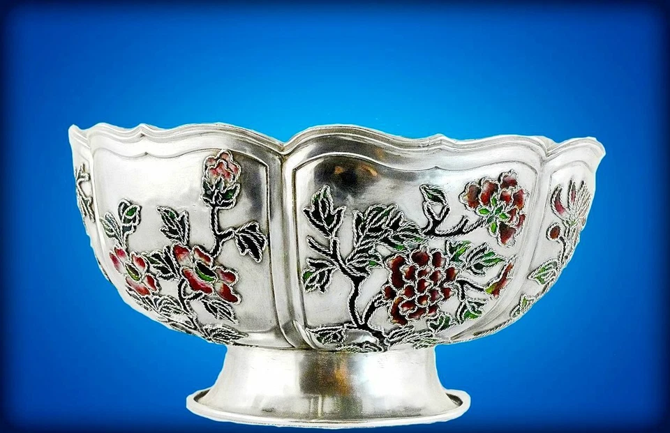 Antiguo cuenco crisantemo chino de plata y esmalte de exportación Foto 4 de 4