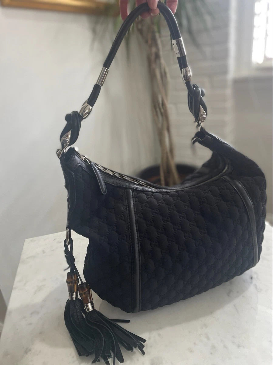 black Gucci cloth Hobo Bag with Leather Strap