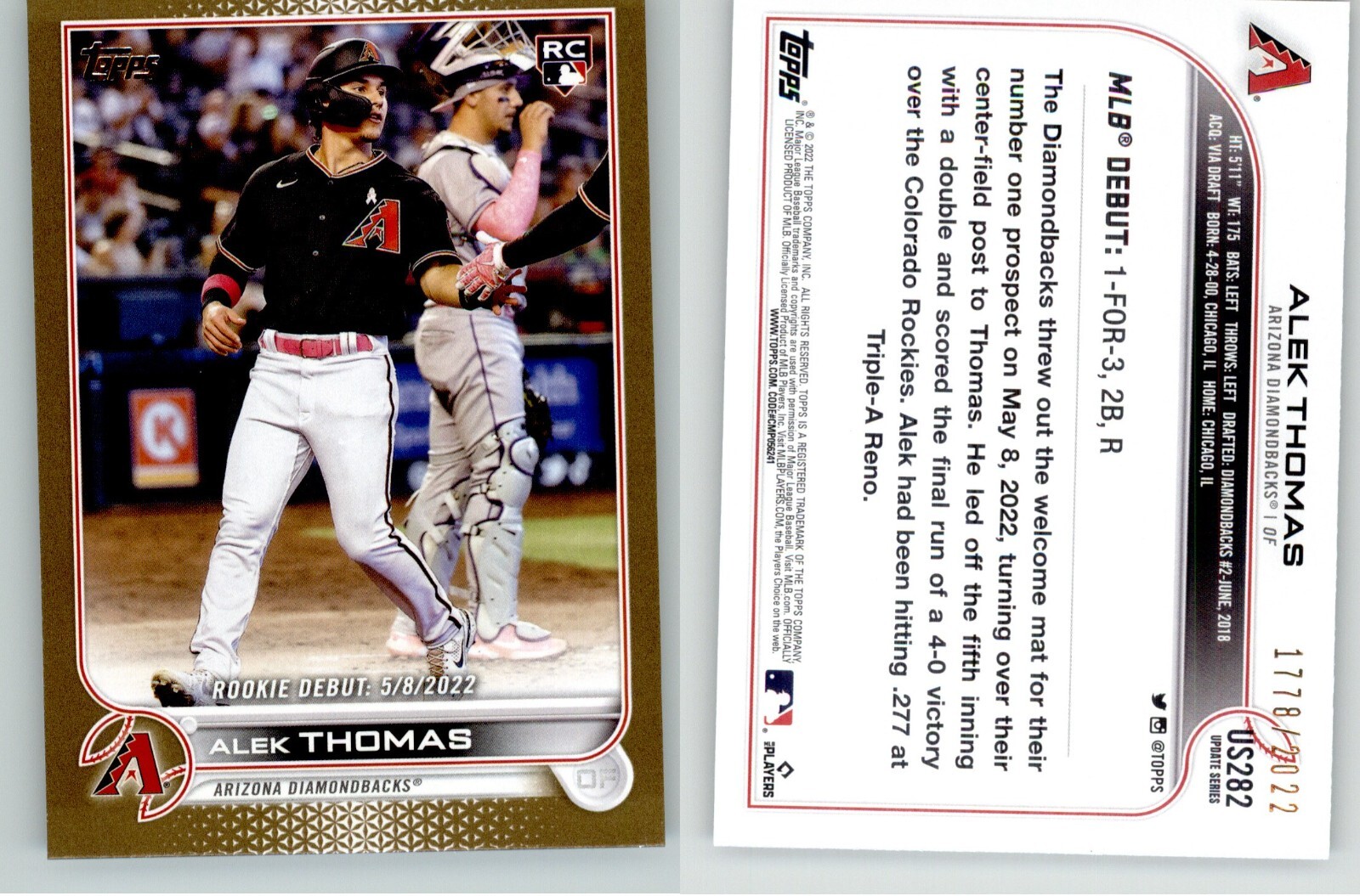 Alek Thomas 2022 Topps Update Gold #US282 /2022 RC Rookie Debut Diamondbacks