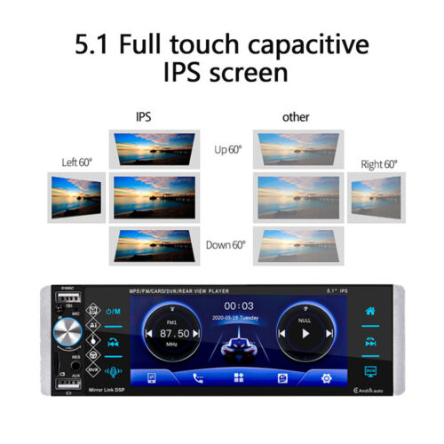 Single 1DIN 5.1 Carplay/Android Auto Car Stereo Radio Bluetooth IPS TouchScreen - Picture 3 of 9