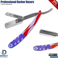 USA Flag Style Handle Straight Edge Barber Hair Shaving Folding Razor