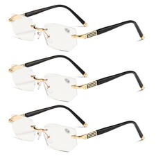 3 PK Mens Rimless Reading Glasses Anti Blue Light Blocking Brass Frame Readers