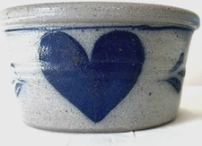Vintage  Rowe Pottery Works Salt Glazed Heart Crock Food Bowl 6.5” 1988
