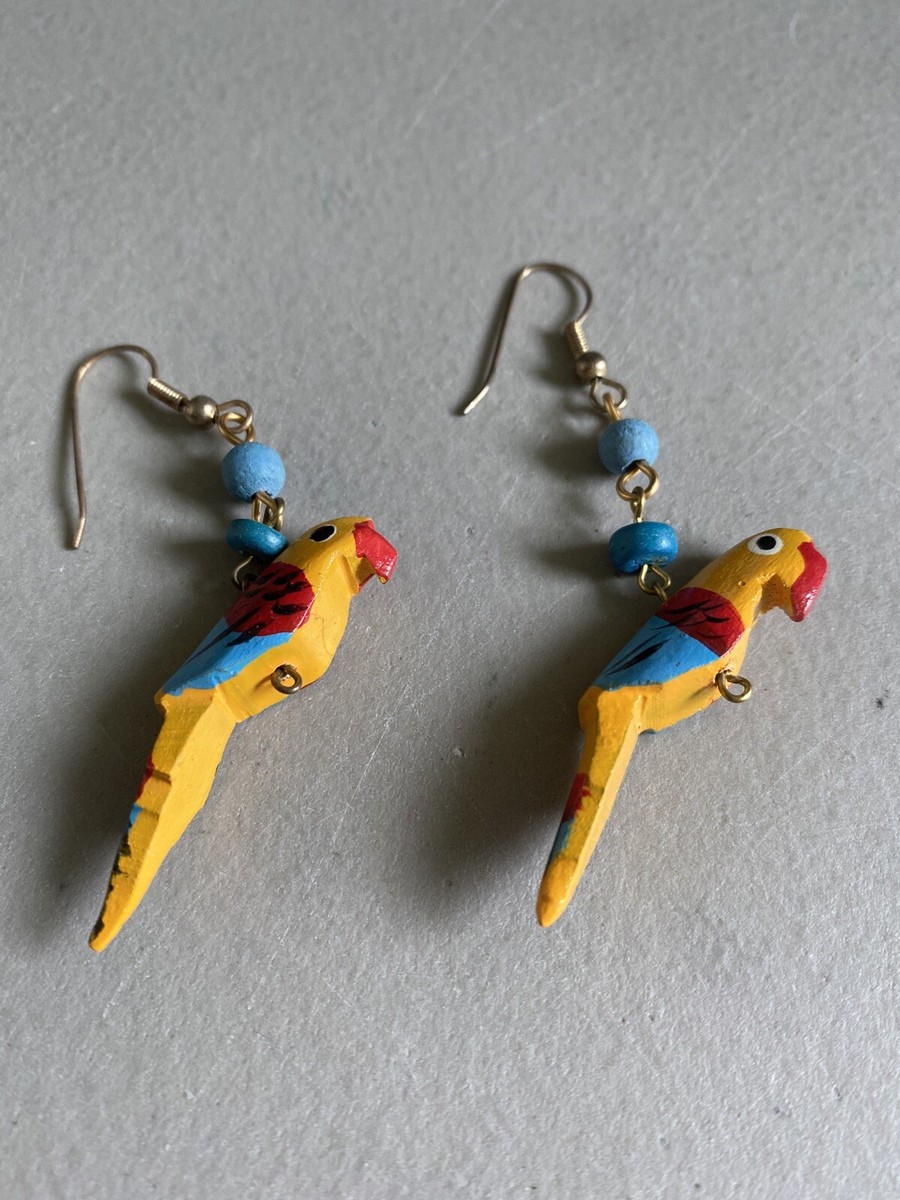 Vintage Wooden Parrot Dangle Pierced Earrings