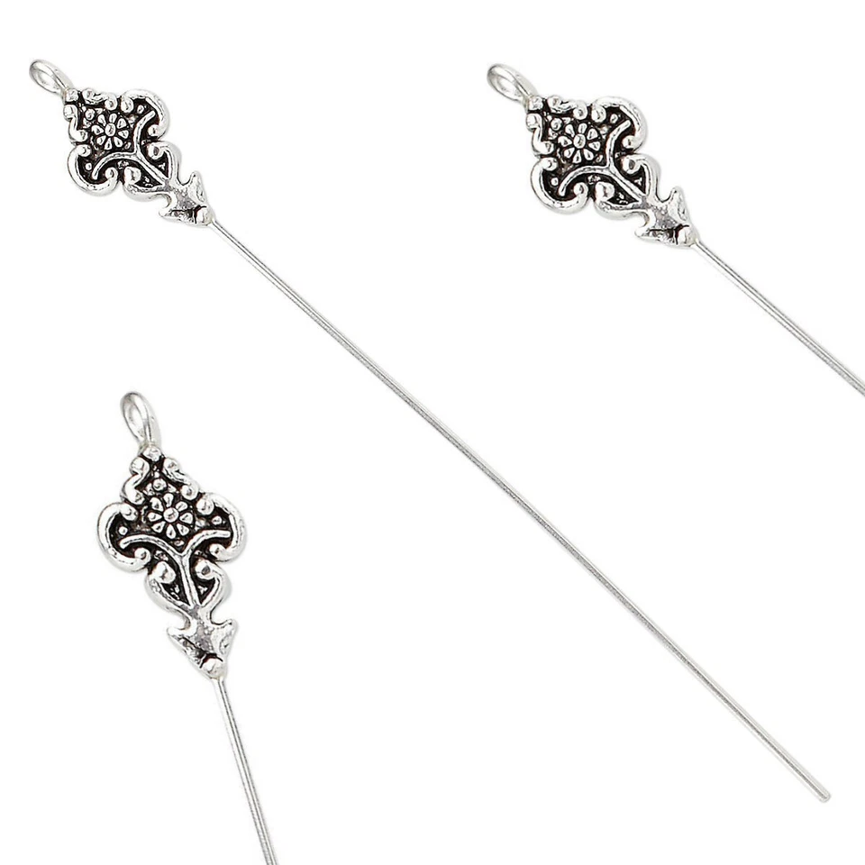 Булавка головки, 4 антикварных посеребренных 3-3,5 дюйма длиной с головкой из бисера 16x10 мм - Изображение 2 из 3