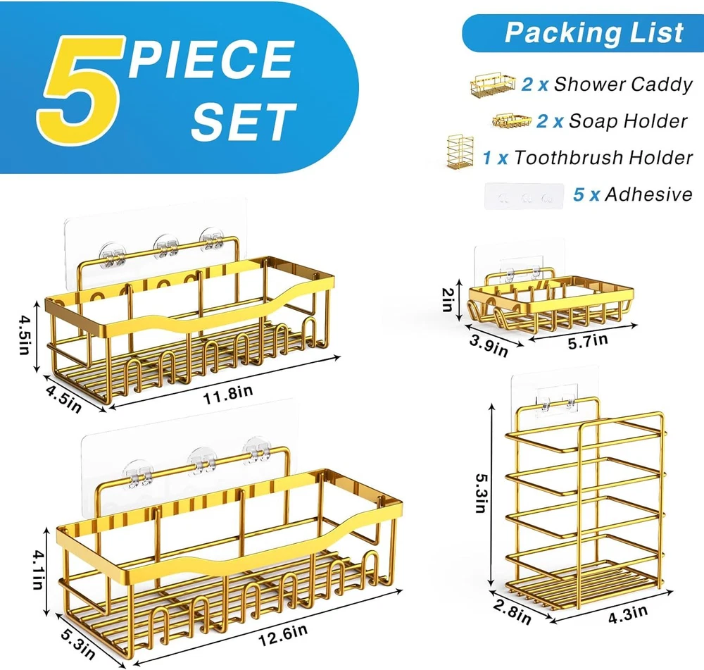 Shower Caddy 5 Pack,Adhesive Organizer for Larger Size, Bright Gold