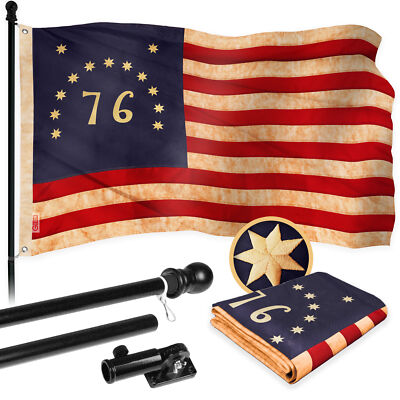 5 Ft Flagpole Black & Bennington Tea-Stained Flag 2.5x4 Ft Embroidered 420D Poly