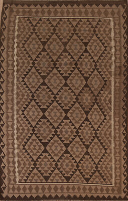 Brown Kilim Rugs Rectangle Flatweave Pile Wool Kelim Carpets 7x10 ft
