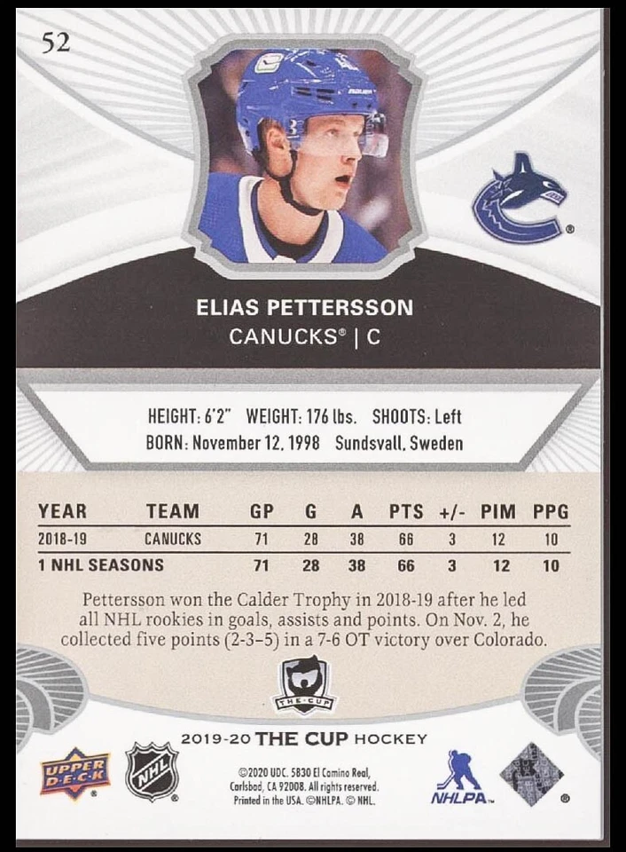 2019-20 Upper Deck The Cup Elias Pettersson #247/249 Ice Hockey Card #52 - Image 2 of 2