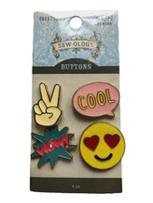 Set of 4 New Metal Buttons with Sayings Peace Cool Wow Heart Eyes by Sew-ology