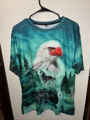 EAGLE WOLF WOLVES FOREST TREE WATER SKY STARS BIRD ANIMAL OUTDOOR T-SHIRT XL