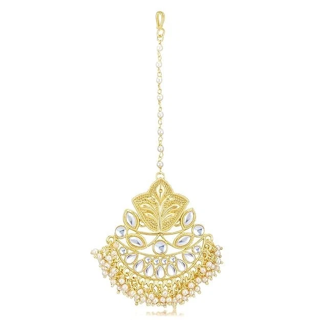 Novia Maang Tikka Étnico Oro Tradicional Kundan Chapado en Oro Perla Maangtikka Foto 2 de 2