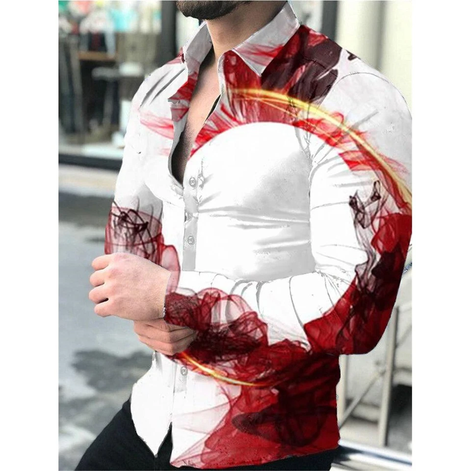 Casual-Button Down Shirt Men Printed Fashion Casual Long Sleeve Party Tee Tops#A - Image 4 of 4