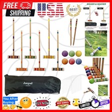 Six Player Croquet Set with Wooden Mallets Colored Balls for Lawn, Backyard a...