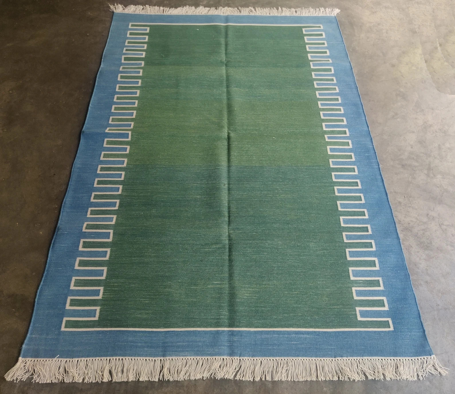 Modern Handmade Dhurrie, Kilim Rug Color Green & Blue Striped Design Carpet Rug