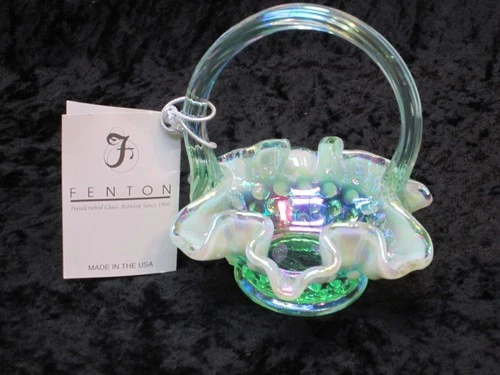 Fenton Glass Miniature 4 3/8" Basket Iridized Lotus Mist Opalescent  H.N. w/Card