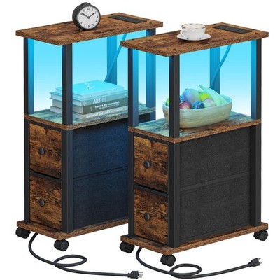 Small Narrow End Tables with Charging Station, Set of 2 - LED Nightstands