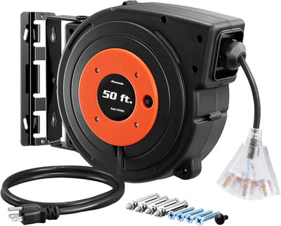 Retractable Extension Cord Reel, 50 FT Heavy Duty Power Cord, 14AWG/3C SJTOW, 3 
