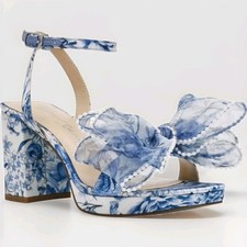 Betsey Johnson Women's Duke Heels Blue White Floral Block Heel Strap Size 10 M