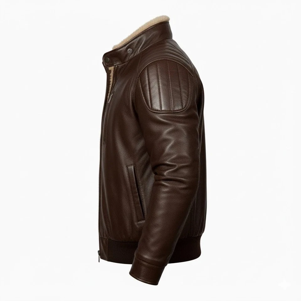 Hombres Aviador Bombardero B3 Piel de Oveja Cuello de Piel Cuero Genuino Real Chaqueta Abrigo Foto 3 de 4