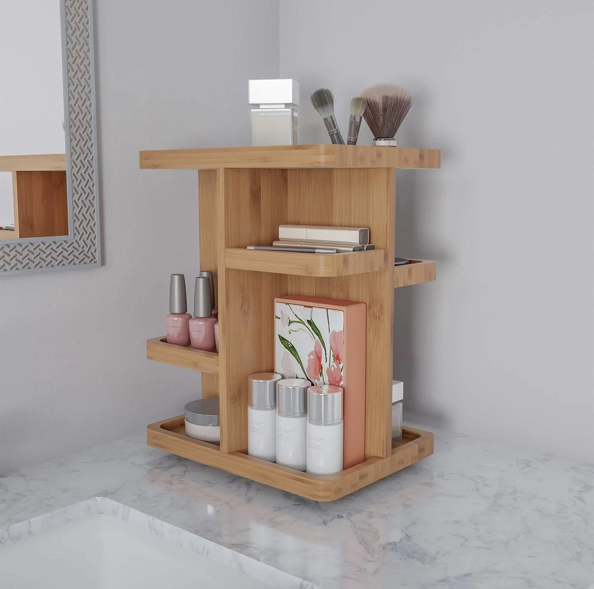 360° Bamboo Makeup Organizer, Multi-Function Storage Carousel for Cosmetics