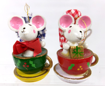 Tea for Two Wooden Mouse Ornaments Set of 2 Made In Taiwan